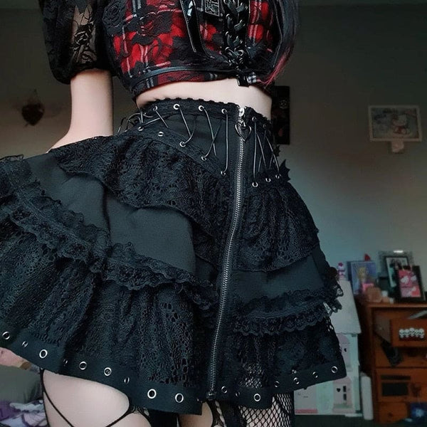 Women's Zipper Front Punk Vintage High Wasit Skirt
