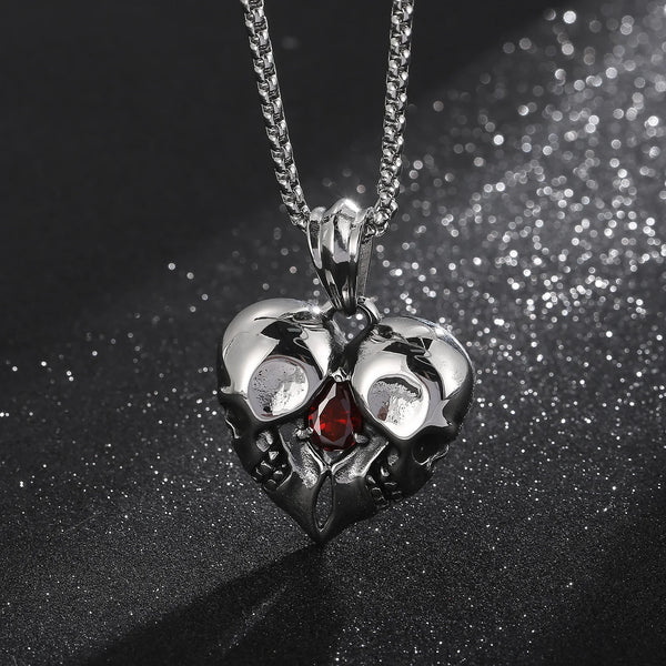 Stainless Steel Love Heart Skull With Red Gemstone Pendant For Necklaces