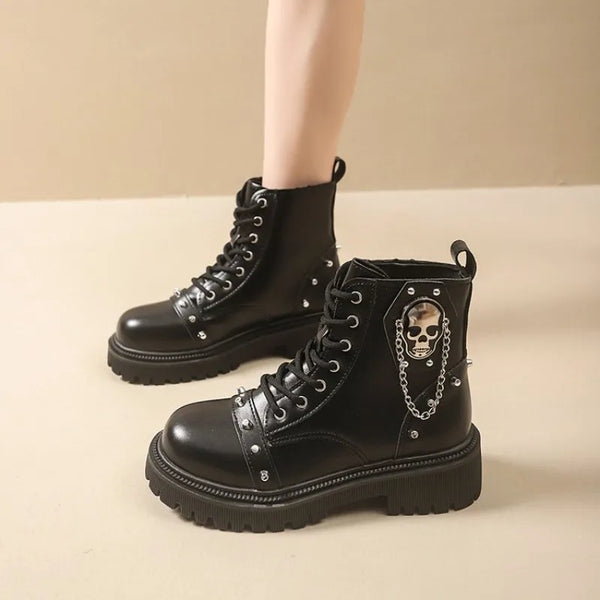Women’s Punk Lace-Up Ankle Boots – Buckle Strap Platform Combat Booties