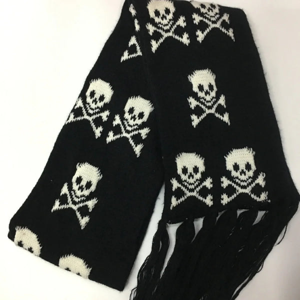 Women’s Skull Knitted Winter Scarf with Fringe – Soft Warm Alt Gothic Wrap