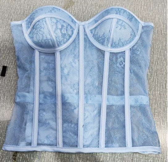 Ethereal Bone | Hollow-Out Mesh & Lace Bustier Top