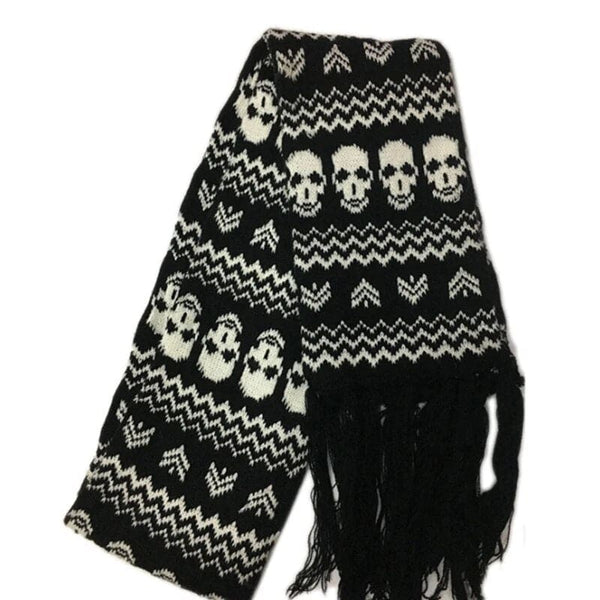 Skull Black And White Stylish Knitted Long Fashion Scarf With Fringes