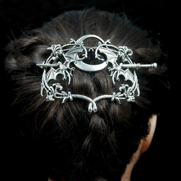 Gothic Two Bats Moon Hair Clip