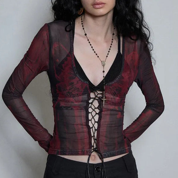 Women's Mesh Vintage Tattoo Print Long Sleeve Gothic Punk Sheer Top