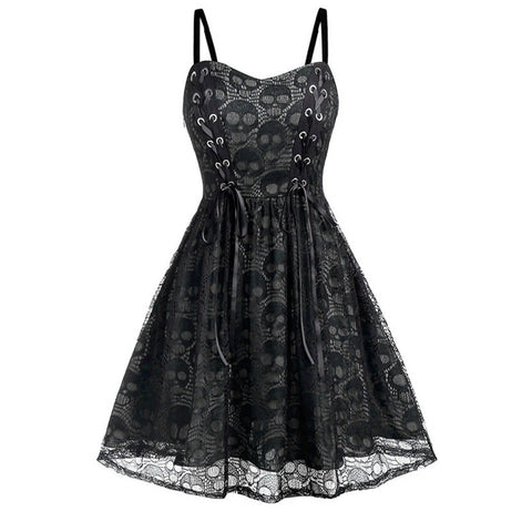 Skull Print Spaghetti Strap Gothic Dresses for Women 5 Colors