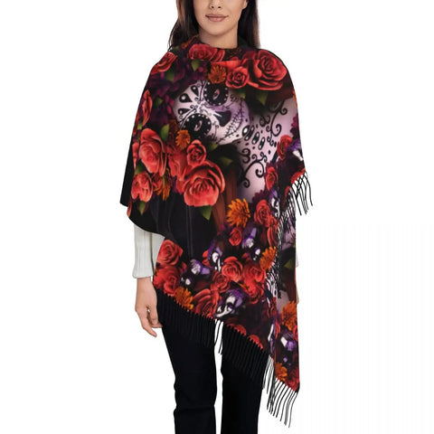 Women's Skull Floral Long Tassel Scarf Wrap 23 Patterns