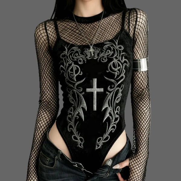 Women’s Dark Gothic Printed Velvet Bodysuit – Cyberpunk Grunge Alt One-Piece