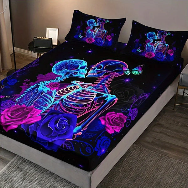 Floral Skull Couple Print 3pcs Soft Comfortable Breathable Fitted Sheet Set