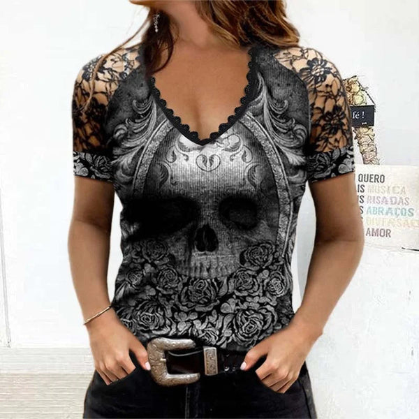 Women's Gothic Floral Skull Print Lace Short Sleeve V Neck T-Shirt