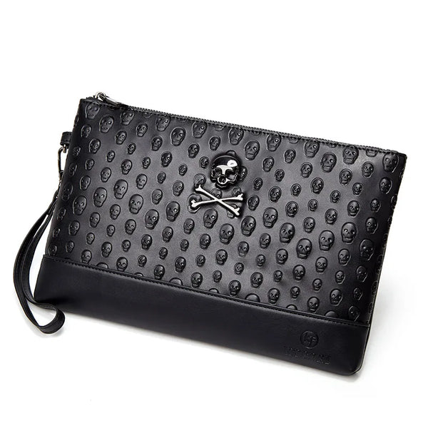 The Obsidian Skull Embossed Leather Clutch Bag