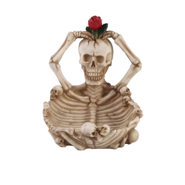 Skull Holding Rose On Top Of Head Resin Ashtray