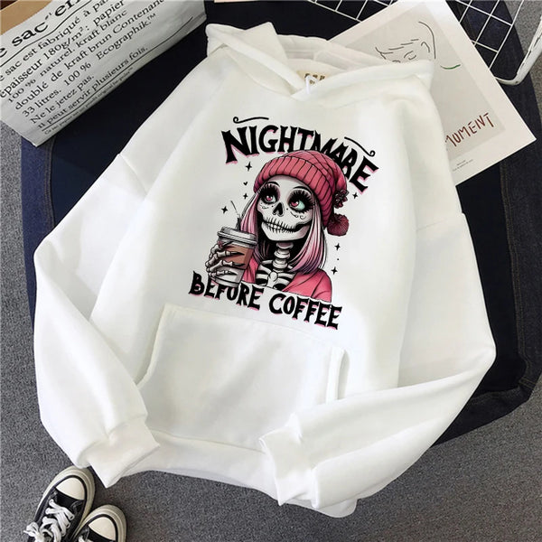 Women’s "Nightmare Before Coffee" Graphic Hoodie – Cozy Alt Gothic Pocket Sweatshirt