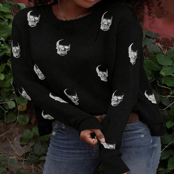 Women’s Loose Skull Print Knitted Sweater – Casual Long Sleeve Gothic Pullover