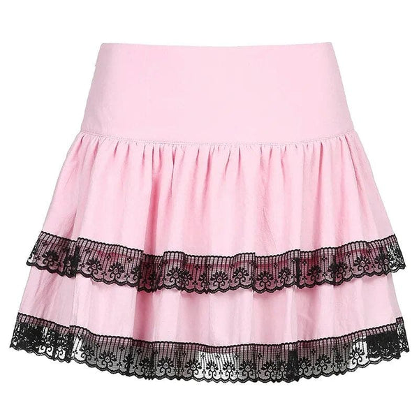 Women's Pink Double Lace Stitched Vintage Gothic Skirt