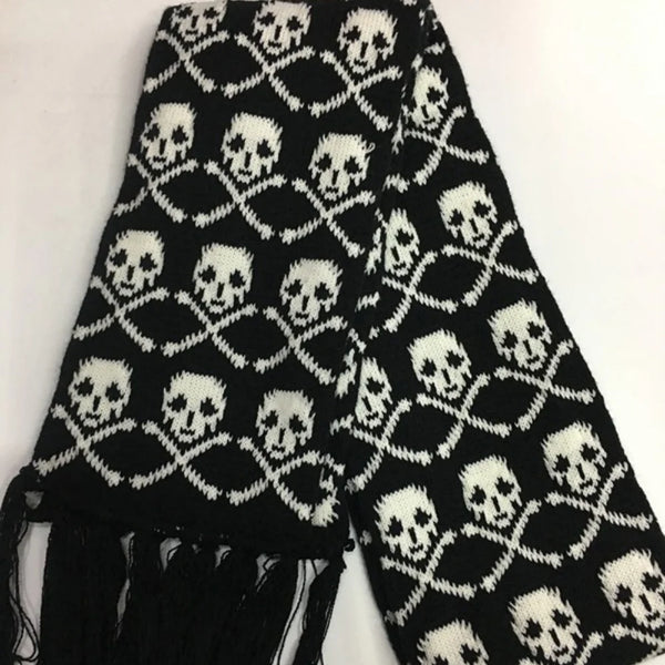 Women’s Skull Knitted Winter Scarf with Fringe – Soft Warm Alt Gothic Wrap