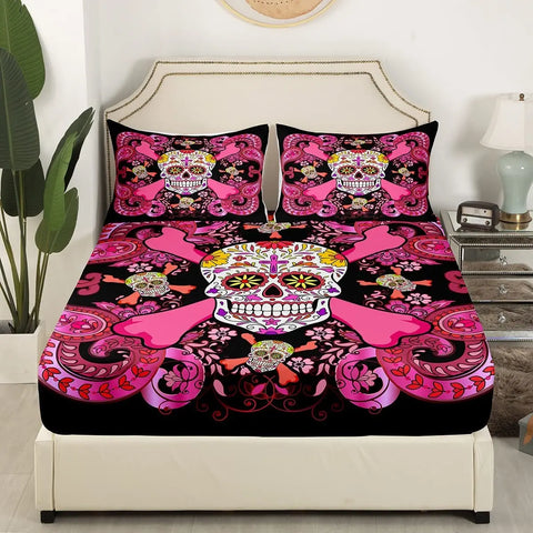 Skull Fitted Sheet Bohemian Gothic Bone Floral Colorful Bedding Set