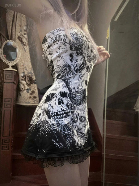 Gothic Skull Print Mini Tube Off Shoulder Dress For Women