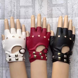 Fingerless Short Black, Red or White Punk Rivet Half Finger Gloves