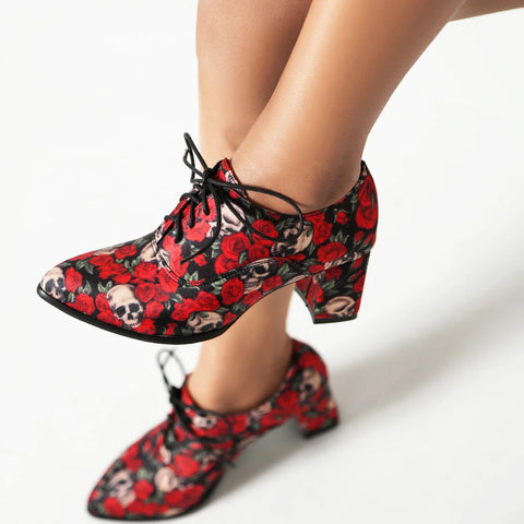 Women's Printing Skull, Flower or Black Lace up Thick Heel Shoes