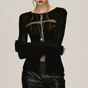 Women's See Through Cross Goth Black Long Sleeve Top