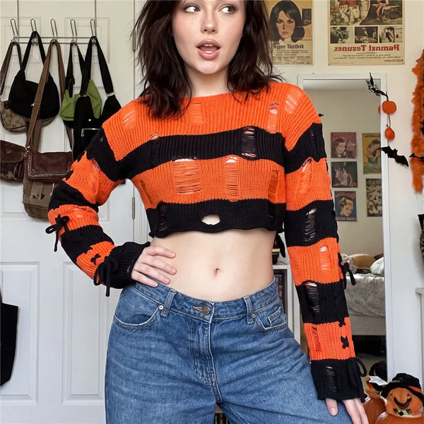 Women Striped Distressed Knit Crop Sweater - Side Lace Up Top