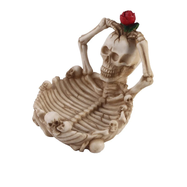 Skull Holding Rose On Top Of Head Resin Ashtray