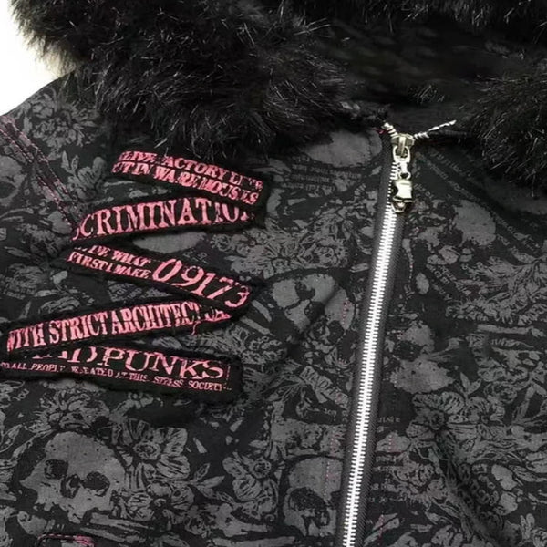 Women’s Vintage Goth Skull Print Hooded Jacket – Edgy Grunge Streetwear Zip-Up Coat