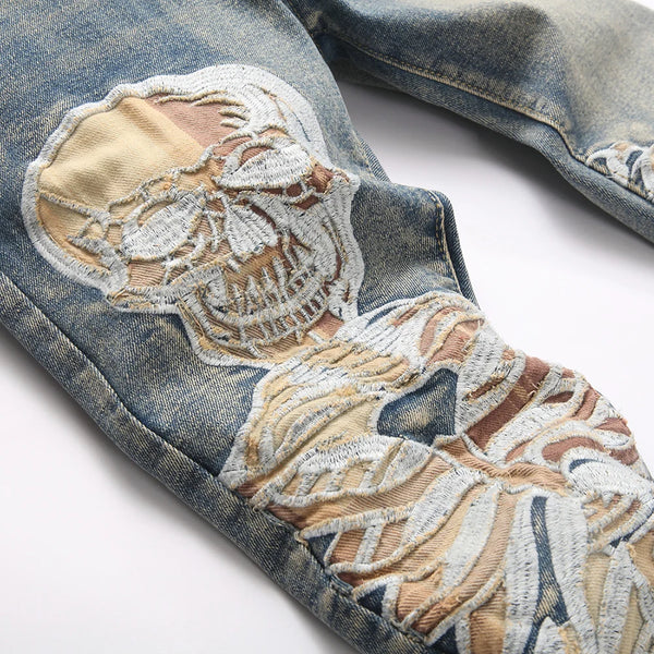 Men's Skull Boot Cut Denim Jeans - Vintage Blue Devil Embroidery Slim Flared Trousers