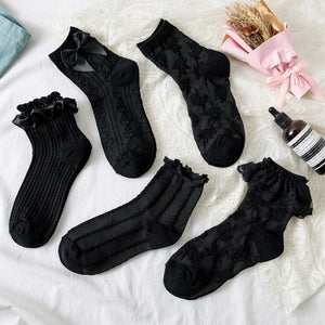 Women's Lolita Frilly Ruffled Lace Black Crew Ankle Gothic Socks