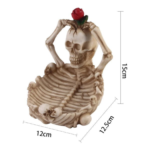 Skull Holding Rose On Top Of Head Resin Ashtray