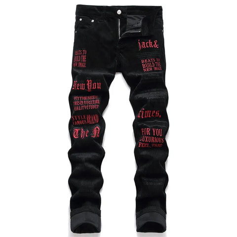 Punk Style Men's Casual Letter Embroidered Black Jeans
