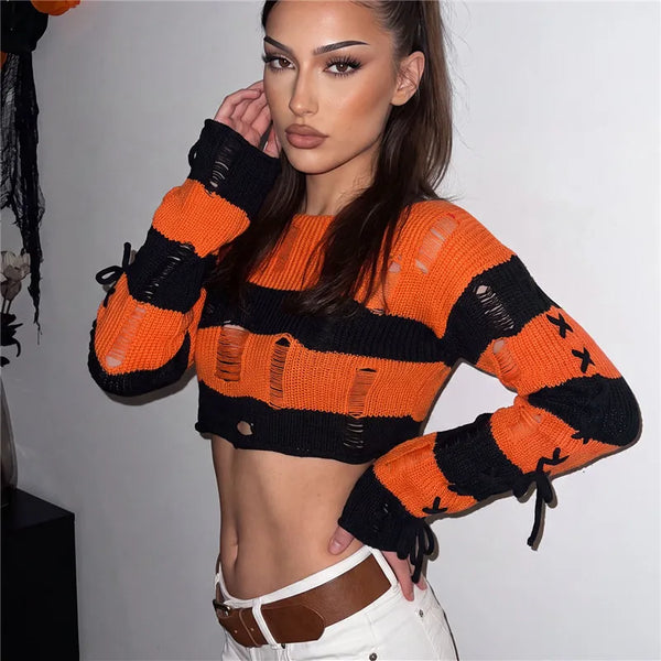 Women Striped Distressed Knit Crop Sweater - Side Lace Up Top