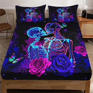 Floral Skull Couple Print 3pcs Soft Comfortable Breathable Fitted Sheet Set