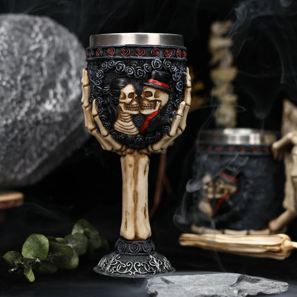 Skull Gothic Goblet Day of the Dead Bride And Groom Black Roses