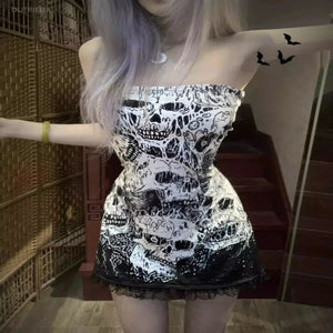 Gothic Skull Print Mini Tube Off Shoulder Dress For Women