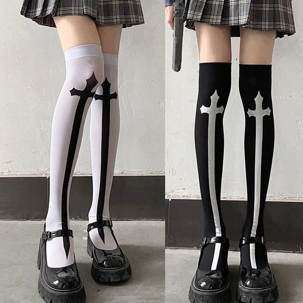 Women's Thigh High Cross Sword Pattern Goth Knee High Socks