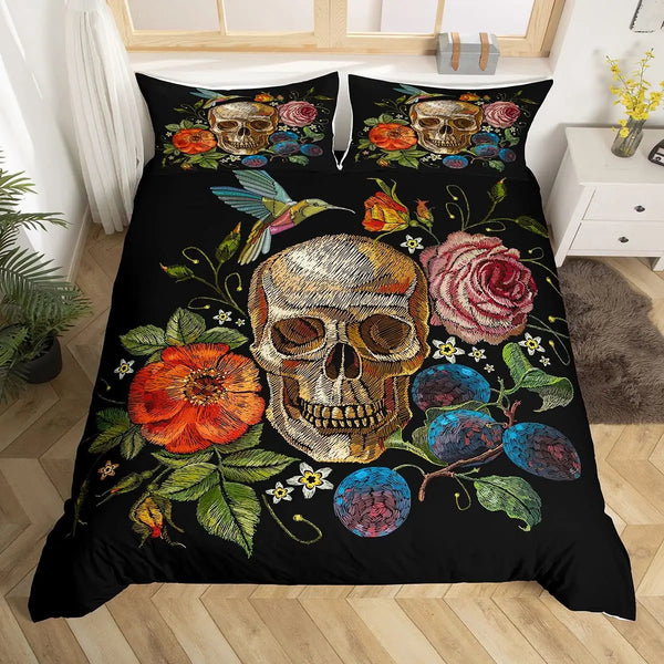 Skull Floral Theme Duvet Cover Bedding Set