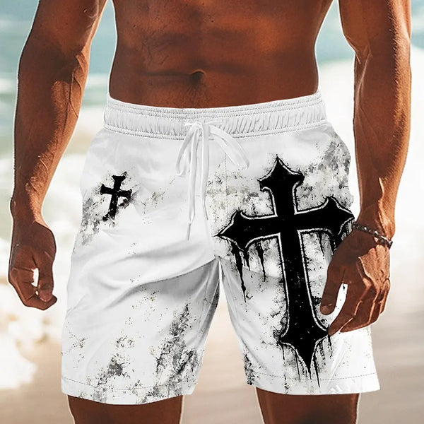 The Black Cathedral™ Gothic Cross Board Shorts | Men's Retro Drawstring Swim Trunks
