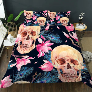 Skull Pink Floral Theme Duvet Cover Bedding Set