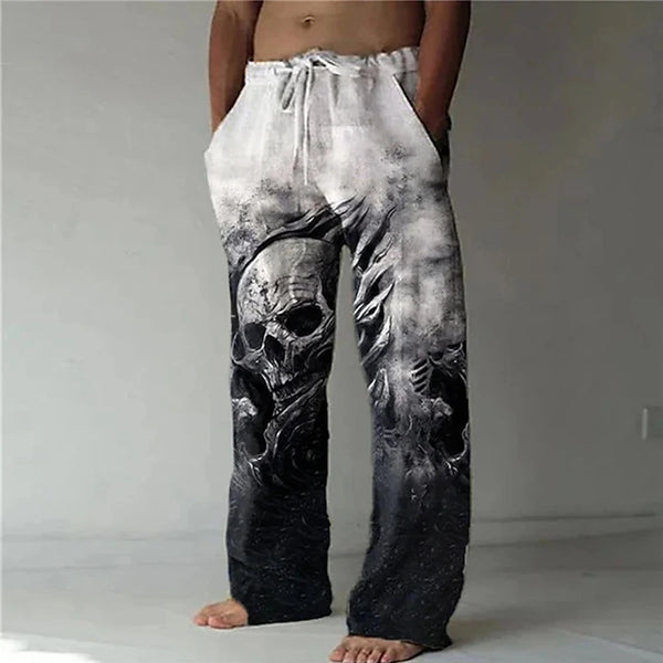 Men's Elastic Waist Skull Print Casual Pants with Drawstring