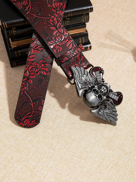 The Crimson Requiem™ Skull Buckle Belt | Burgundy Floral Embossed Gothic Accessory