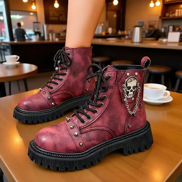 Women’s Punk Lace-Up Ankle Boots – Buckle Strap Platform Combat Booties