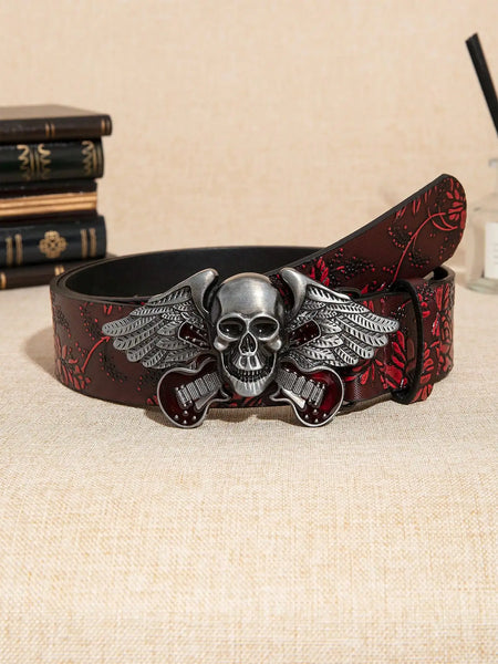 The Crimson Requiem™ Skull Buckle Belt | Burgundy Floral Embossed Gothic Accessory