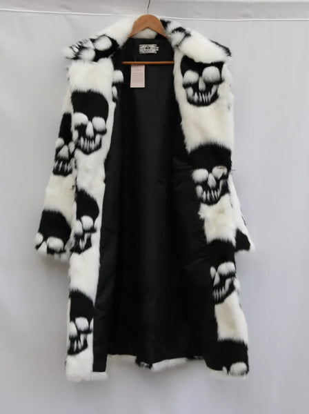 Winter Warm Skulls Pattern Woman's Punk Faux Fur Long Jacket