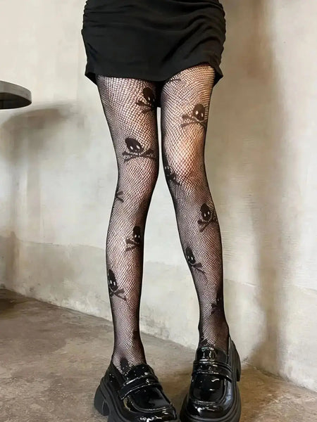 Women’s Skull & Crossbones Fishnet Pantyhose – High-Stretch Gothic Hosiery