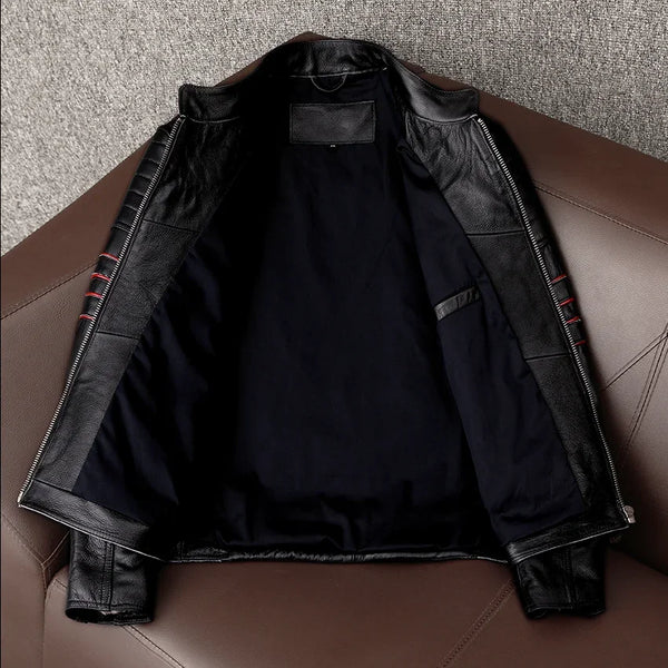 Men's Genuine Leather Motorcycle Jacket - Skull Embroidery