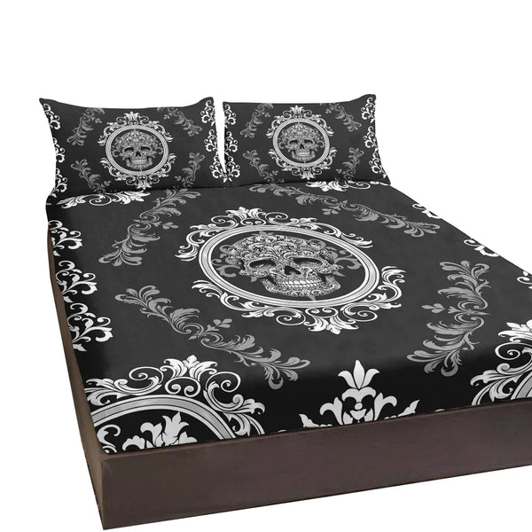 Tattooed Flower Skull Fitted Sheet Deep Pocket Lightweight Bedding Set