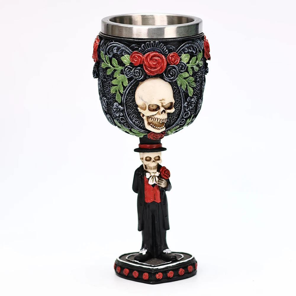 Skull Gothic Goblet Day of the Dead Bride And Groom Black Roses