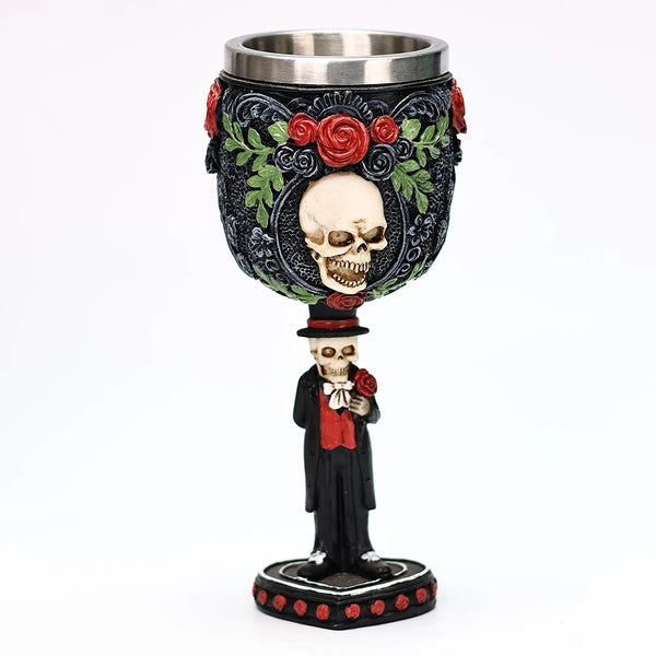 Skull Gothic Goblet Day of the Dead Bride And Groom Black Roses
