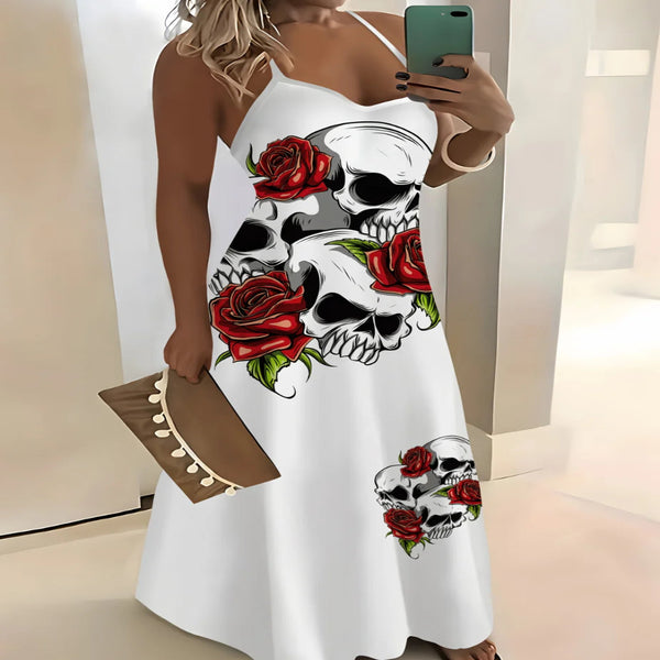 The Crimson Bloom™ Skull Rose Strappy Dress | Women's Gothic Summer Dress